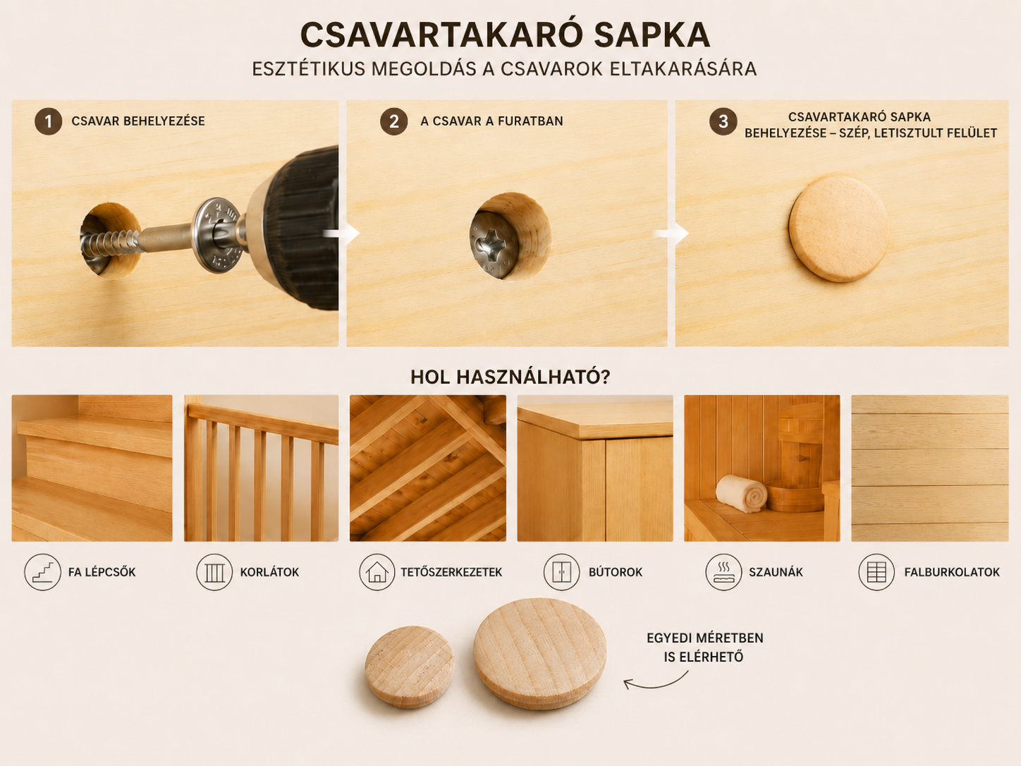 Tömörfa csavartakaró sapka - természetes fa kiegészítő